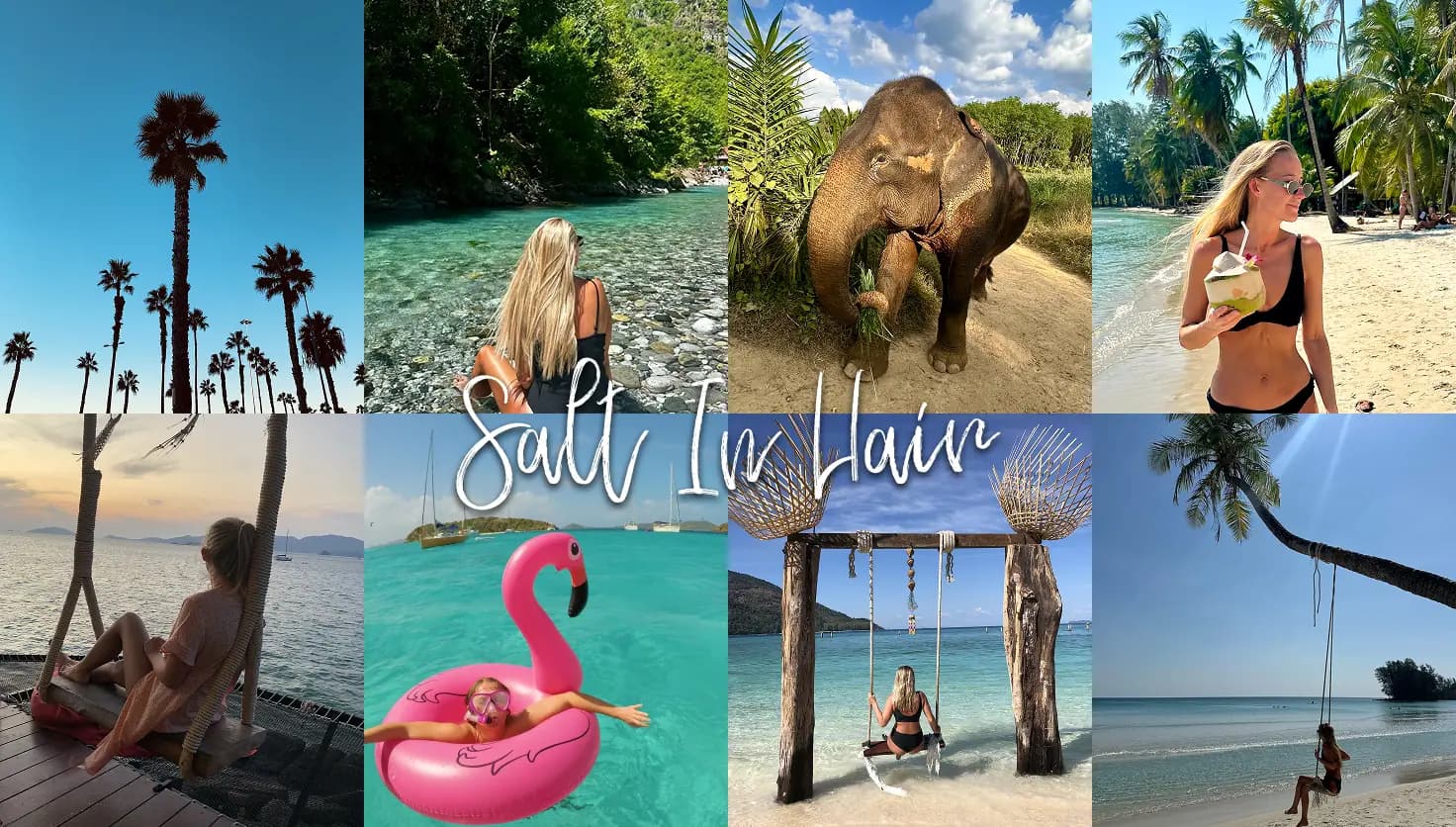 A vibrant travel collage featuring tropical adventures from Salt In Hair.